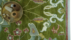 The Peacock Garden Green Bird Hand Knotted 8x10 and 9x12 Wool Area Rug