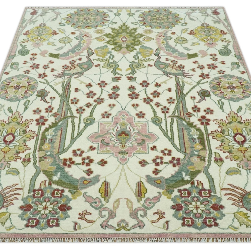 The Peacock Garden Ivory and Green Bird Hand Knotted Multi size Wool Area Rug