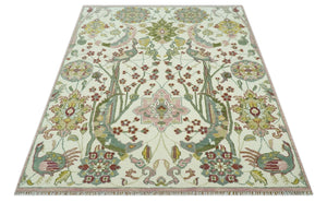 The Peacock Garden Ivory and Green Bird Hand Knotted Multi size Wool Area Rug