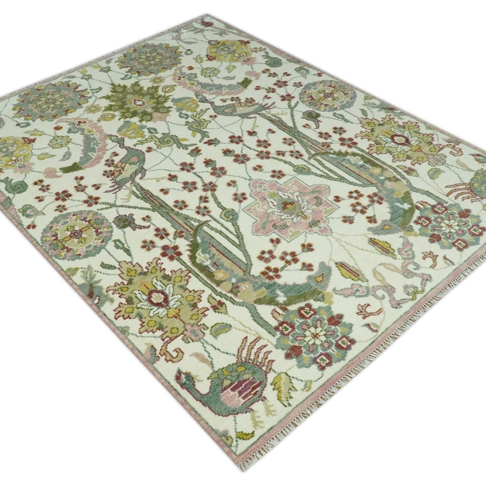 The Peacock Garden Ivory and Green Bird Hand Knotted Multi size Wool Area Rug