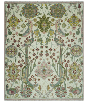 The Peacock Garden Ivory and Green Bird Hand Knotted Multi size Wool Area Rug