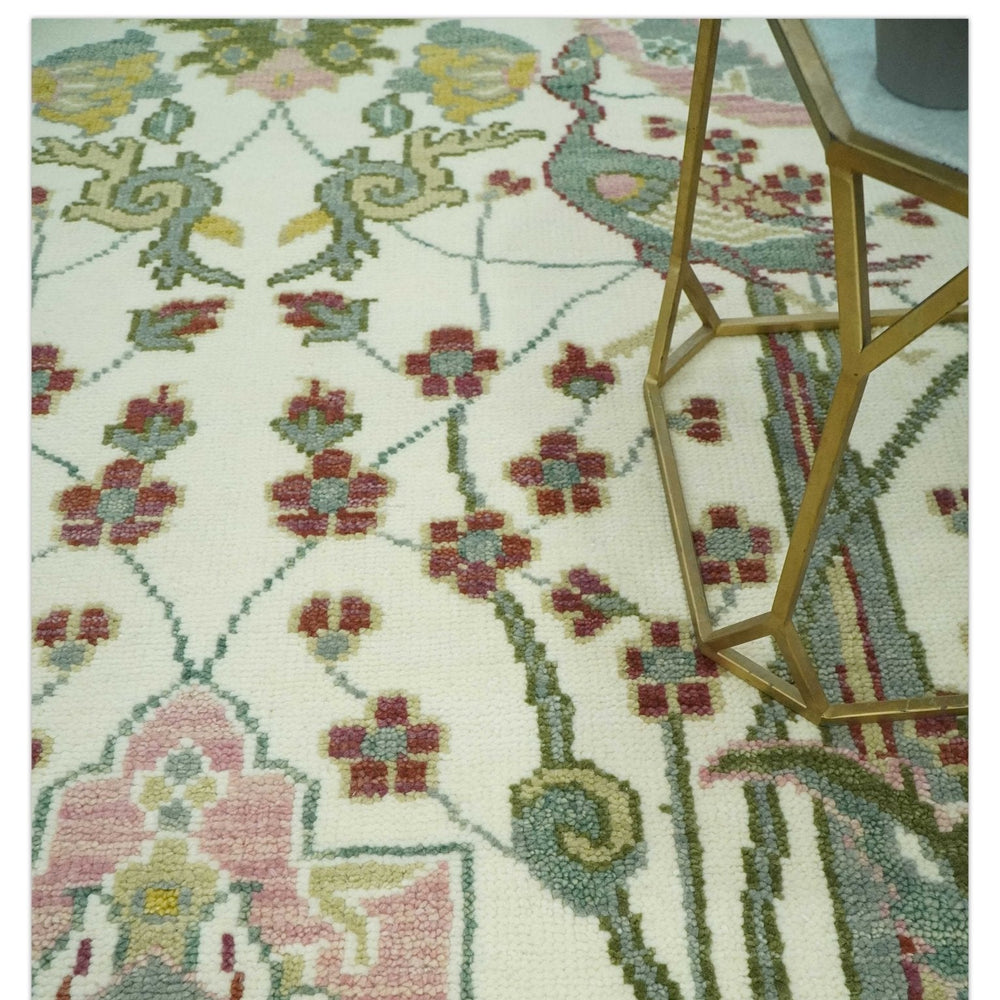 The Peacock Garden Ivory and Green Bird Hand Knotted Multi size Wool Area Rug