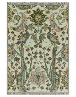The Peacock Garden Ivory and Green Bird Hand Knotted Multi size Wool Area Rug