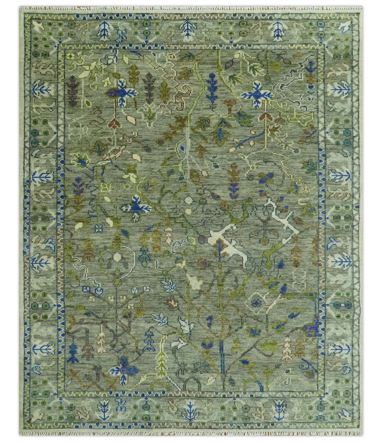 The Plant and Root Green Hand Knotted 8x10 Traditional Wool Area Rug