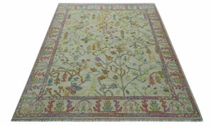 The Plants and Roots Ivory and Pink Hand Knotted Traditional Custom Made Wool Rug