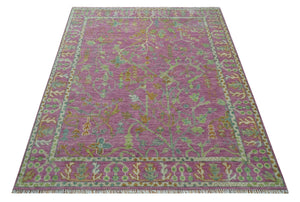 The Plants and Roots Pink and Green Hand Knotted Traditional Custom Made Wool Rug