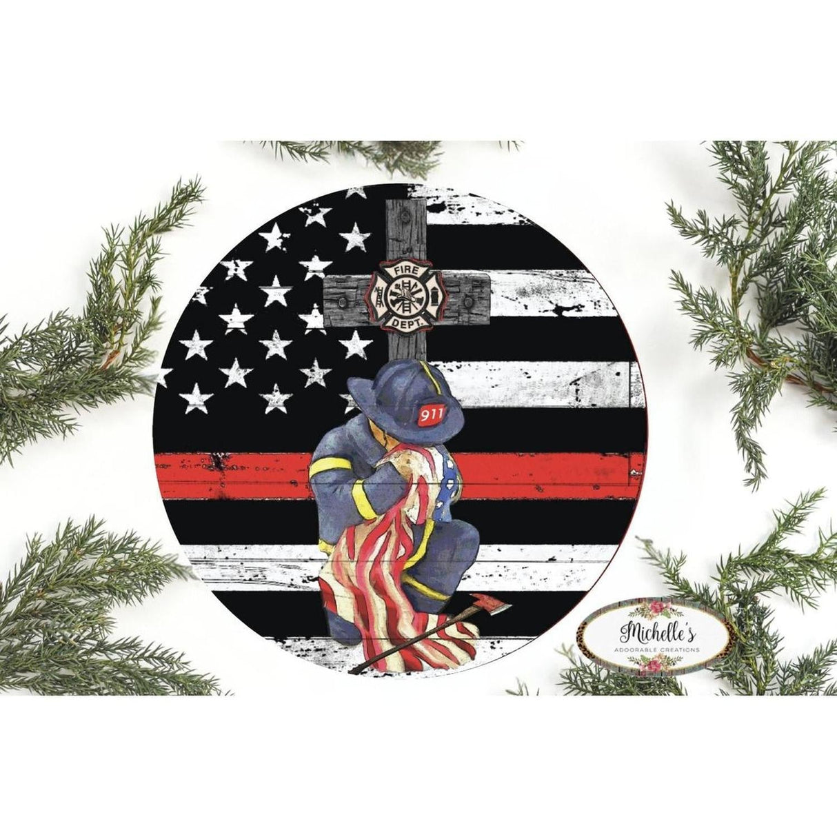Thin Red Line Kneeling Firefighter Round Sign