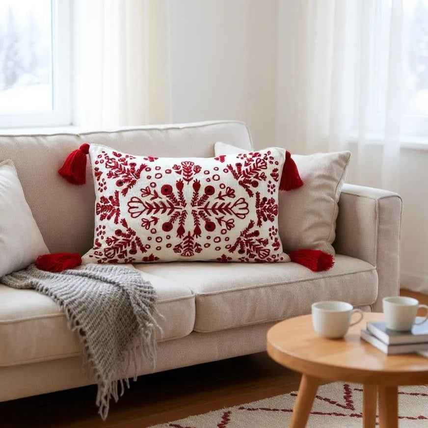 Red & White Embroidered Throw Pillow with Tassels  Handcrafted Elegance for Your Home