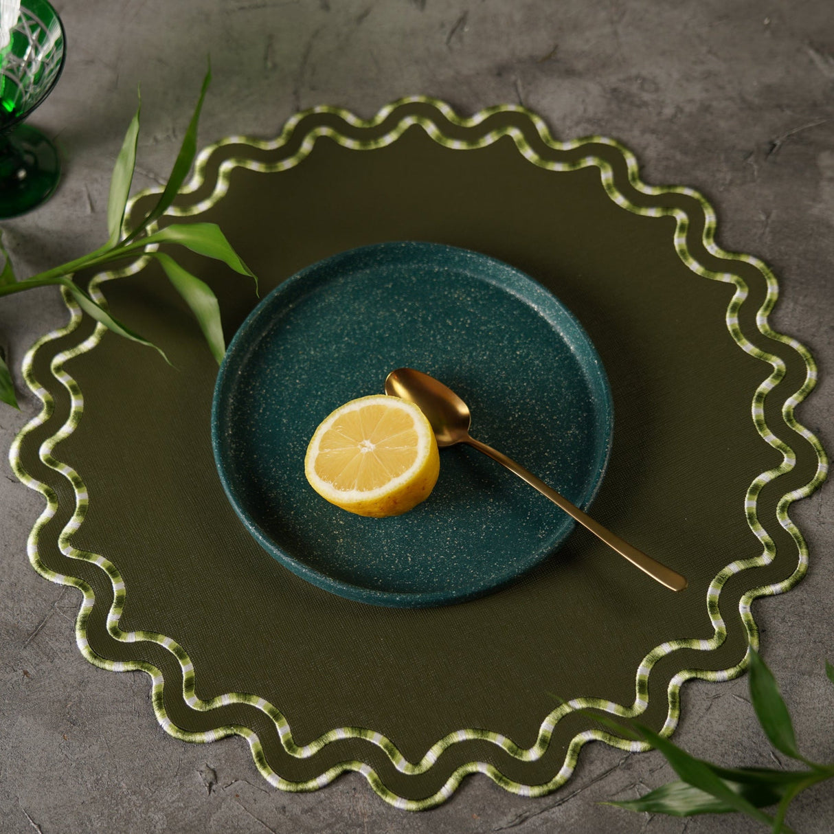 Elysian Dark Green Round Faux Leather Placemat