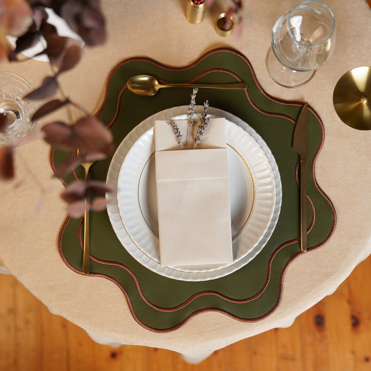 HAVEN DARK GREEN BROWN TRIM WAVY EDGE FAUX LEATHER PLACEMAT