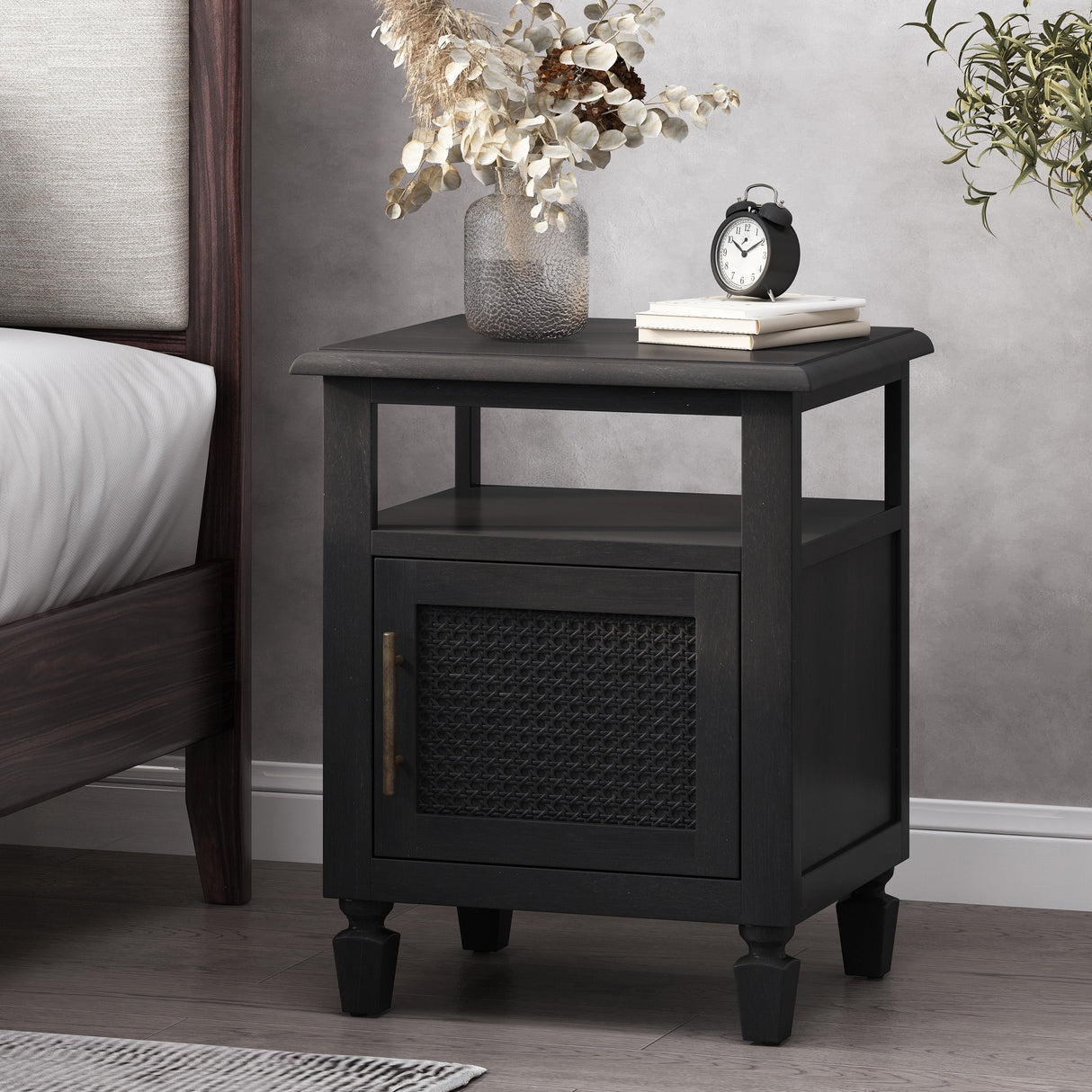 Black Nightstand with Cane Accent