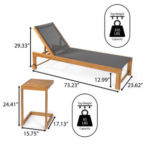 Trabuco coastal modern acacia wood mesh 3 - position outdoor chaise lounge set with side table - Tuesday Morning - Outdoor Chairs