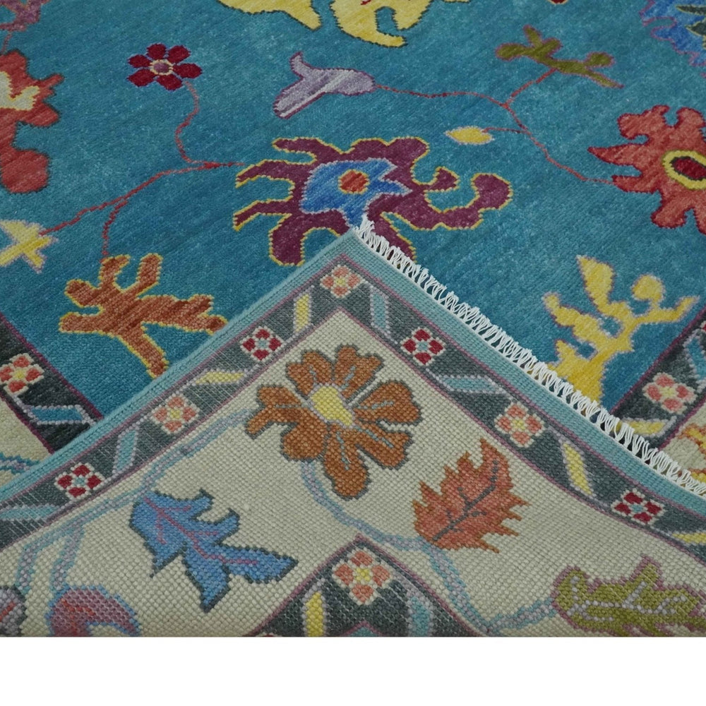 Traditional Blue and Camel Colorful Hand knotted Oushak 8.9x11.10 Wool Area Rug
