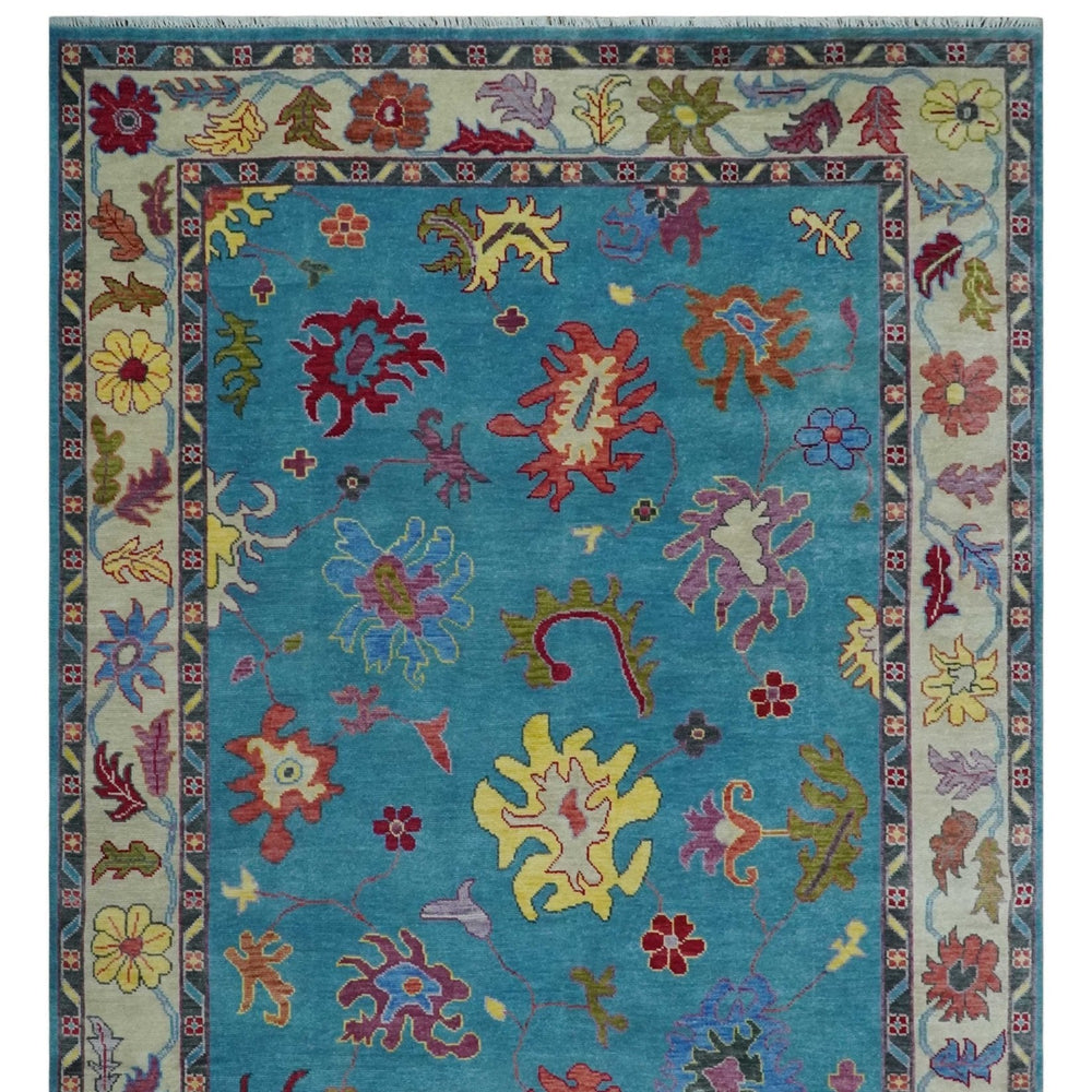 Traditional Blue and Camel Colorful Hand knotted Oushak 8.9x11.10 Wool Area Rug