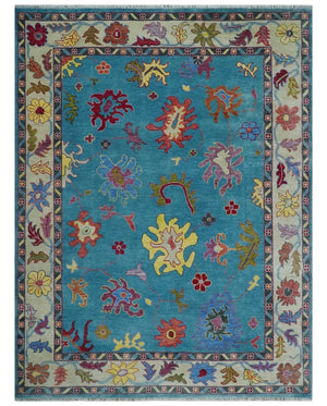 Traditional Blue and Camel Colorful Hand knotted Oushak 8.9x11.10 Wool Area Rug