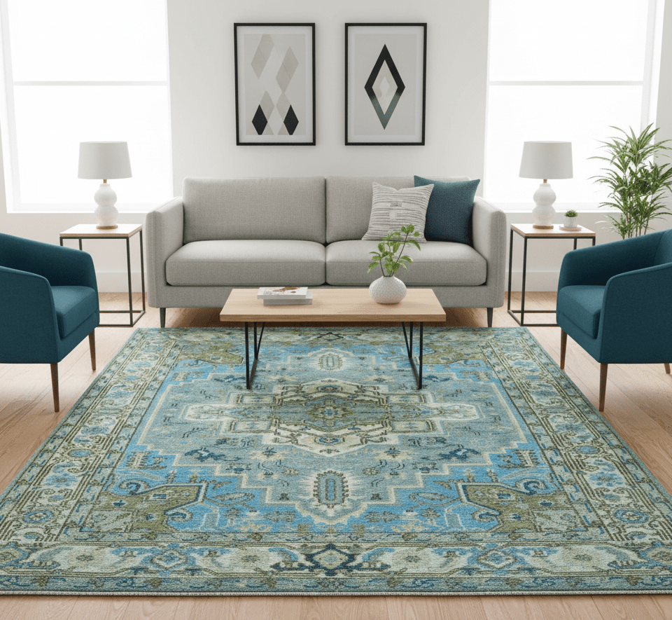 Traditional Blue And Gray Oushak Hand knotted Wool Area Rug