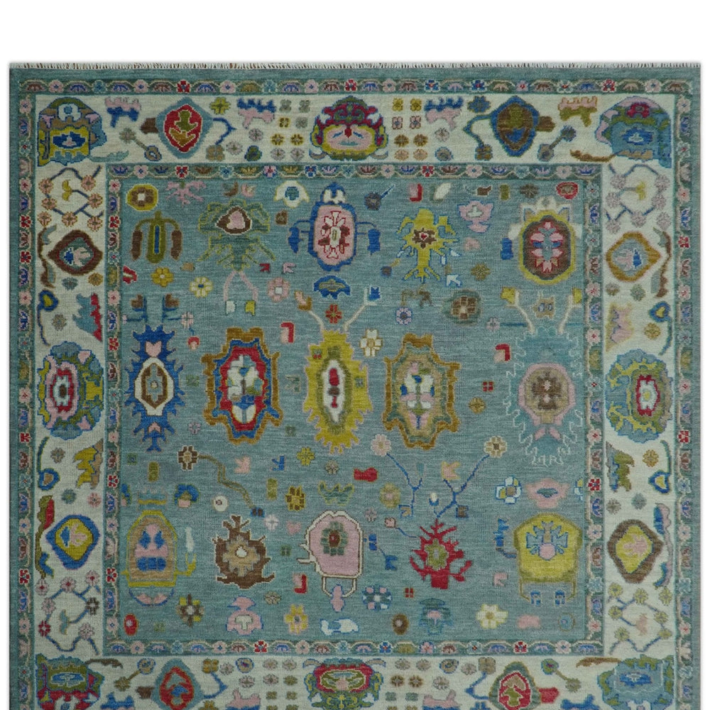 Traditional Blue and Ivory Vibrant Colorful Hand knotted Oushak Multi Size wool Area Rug