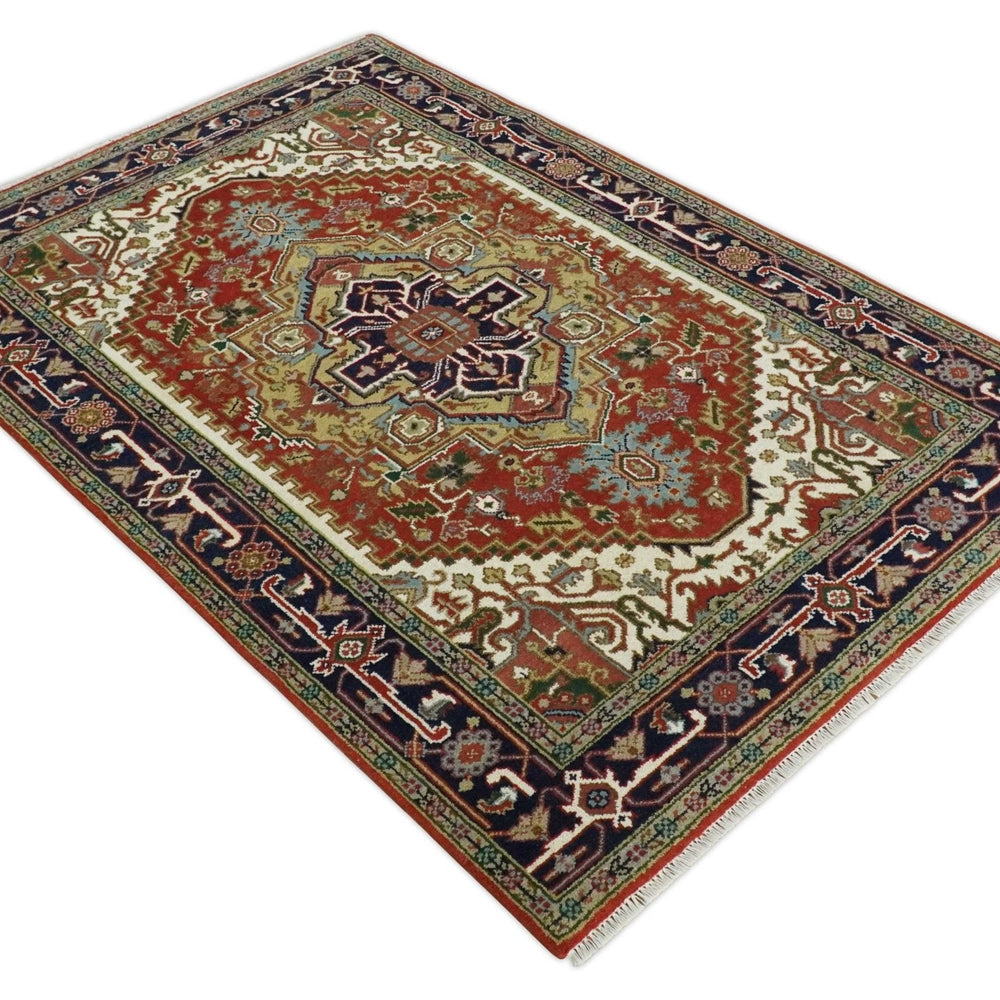 Traditional Blue, Rust and Ivory Heriz Serapi Hand knotted Multi Size wool Area Rug