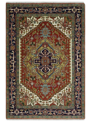 Traditional Blue, Rust and Ivory Heriz Serapi Hand knotted Multi Size wool Area Rug