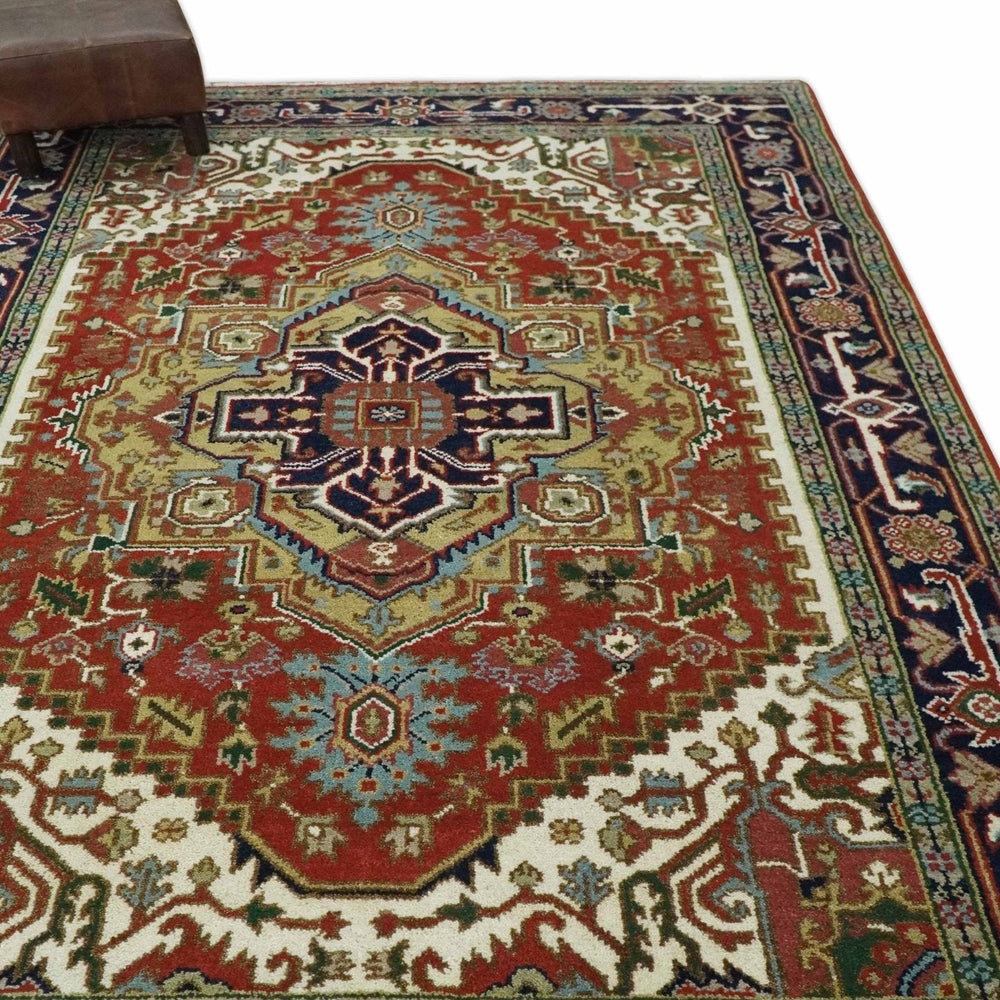 Traditional Blue, Rust and Ivory Heriz Serapi Hand knotted Multi Size wool Area Rug