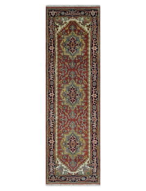 Traditional Blue, Rust and Ivory Heriz Serapi Hand knotted Multi Size wool Area Rug