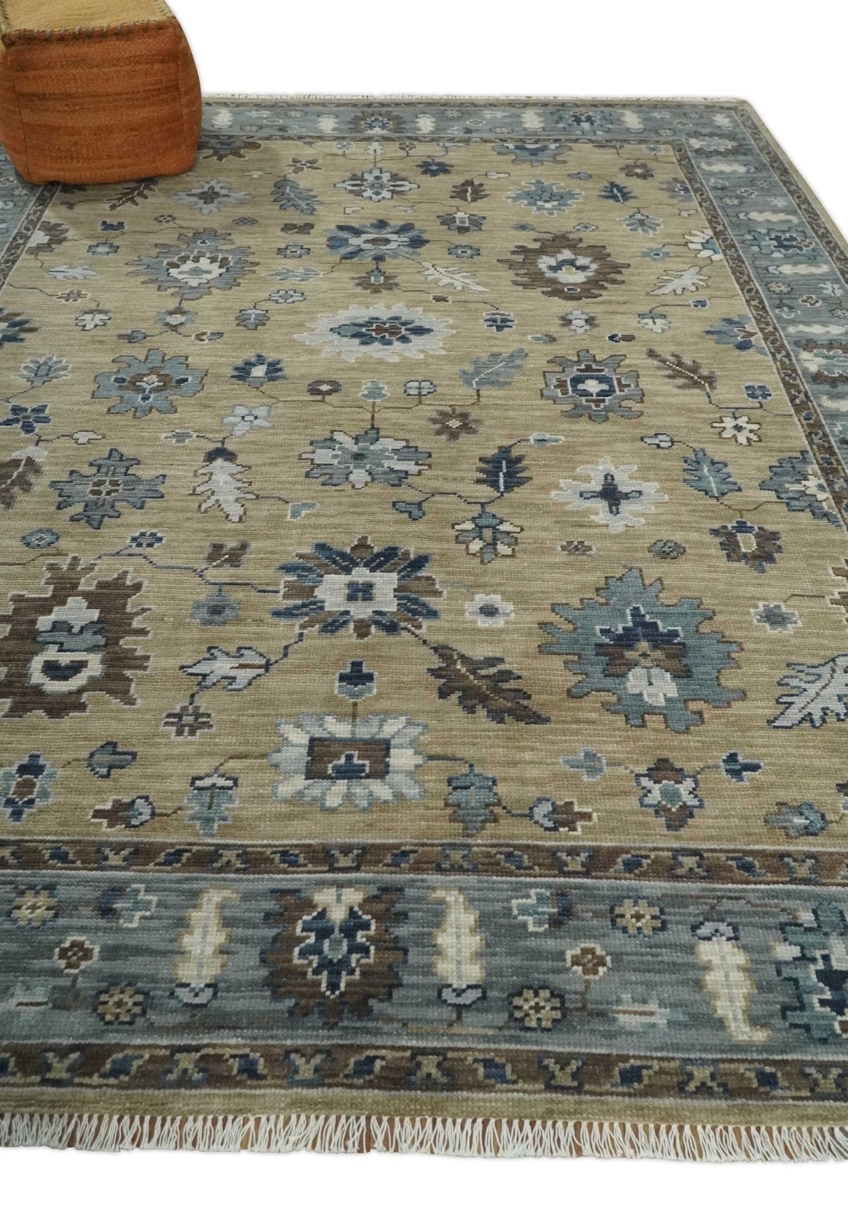 Traditional Beige and Gray Multi Size  Turkish Knot Antique Style Floral Hand knotted Oushak Wool Area Rug