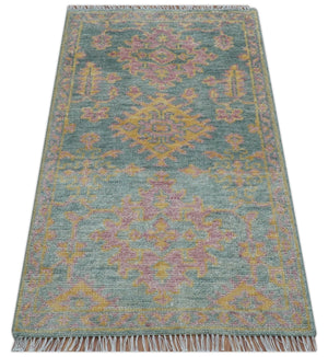 Traditional Design Teal And Pink 3x5 Hand knotted Wool Area Rug