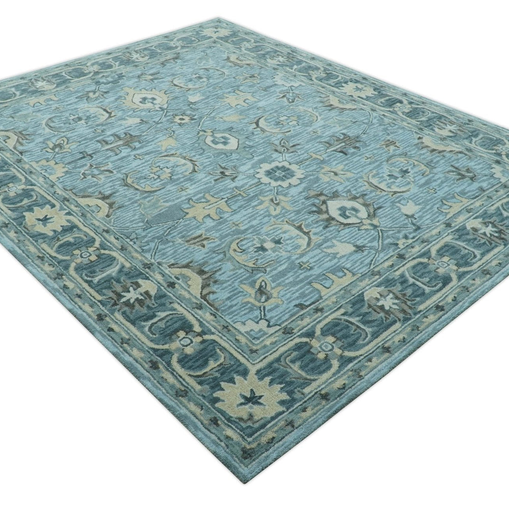 Traditional Floral Aqua, Gray and Beige Hand Tufted Multi size wool area rug