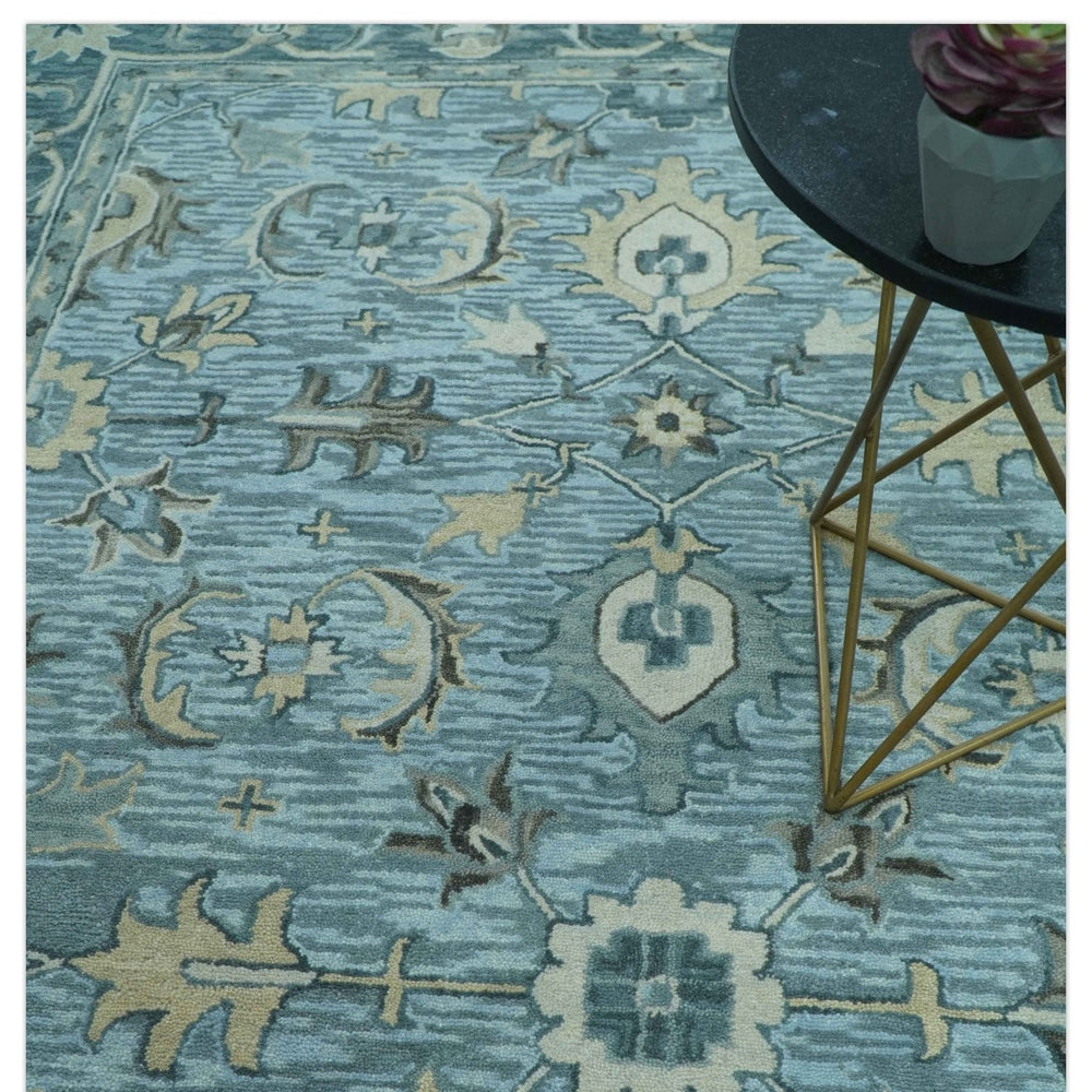 Traditional Floral Aqua, Gray and Beige Hand Tufted Multi size wool area rug