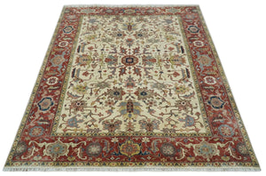 Traditional Floral Beige and Brown Vintage Style Hand knotted 8x10 wool Area Rug