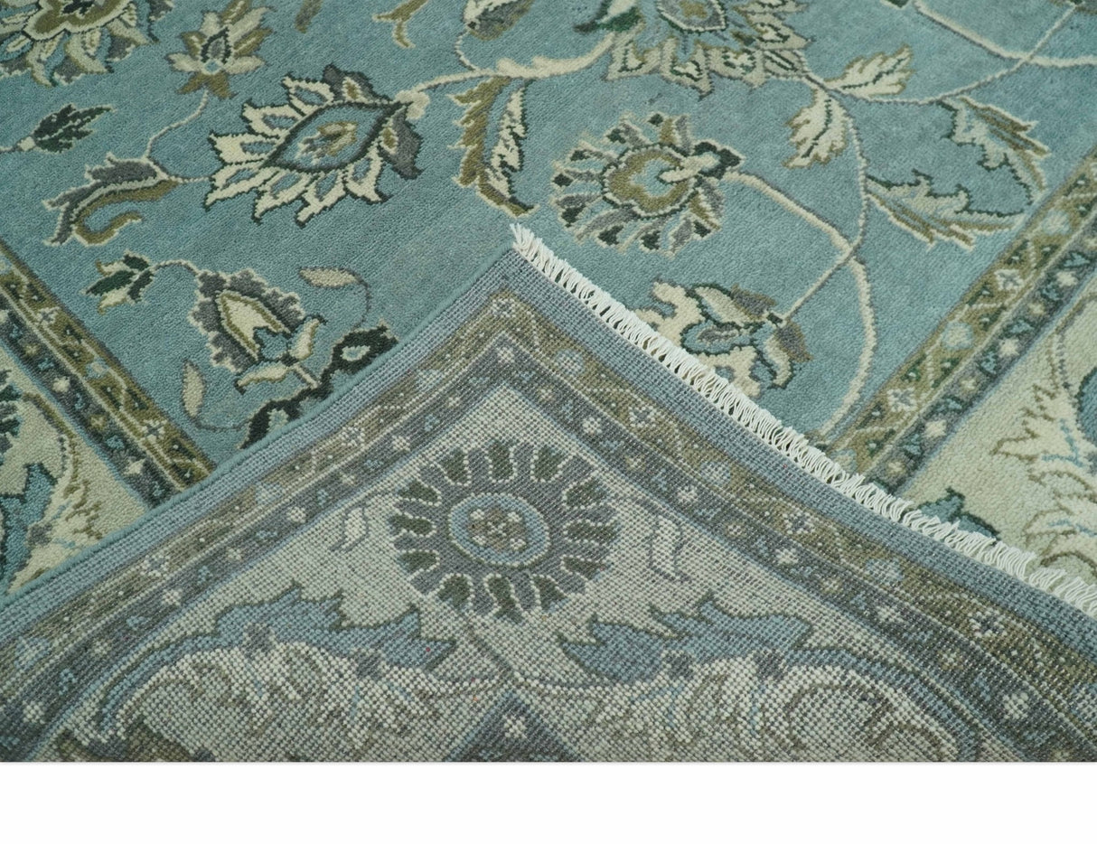 Traditional Floral Blue and Beige 8X10 Antique Style Hand Knotted Wool Rug