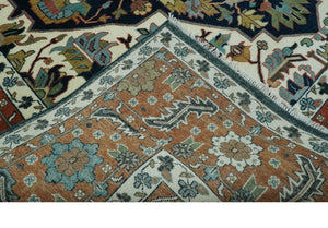 Traditional Floral Blue, Ivory and Rust Hand Knotted 9x12 wool area rug