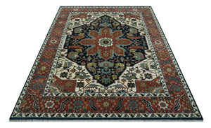 Traditional Floral Blue, Ivory and Rust Hand Knotted 9x12 wool area rug