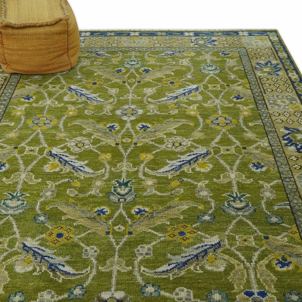 Traditional Floral Green and Blue Hand Knotted Multi size wool area rug