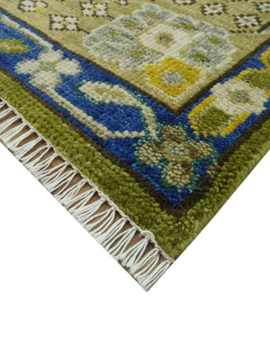 Traditional Floral Green and Blue Hand Knotted Multi size wool area rug