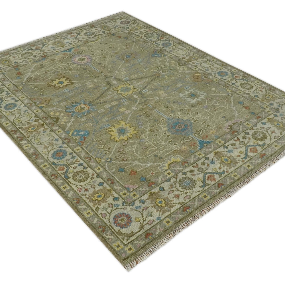 Traditional Floral Olive and Ivory 8x10 Hand Knotted Oriental Oushak wool area rug