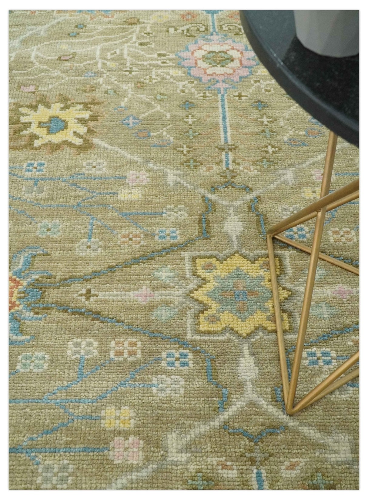 Traditional Floral Olive and Ivory 8x10 Hand Knotted Oriental Oushak wool area rug