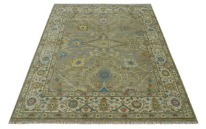 Traditional Floral Olive and Ivory 8x10 Hand Knotted Oriental Oushak wool area rug