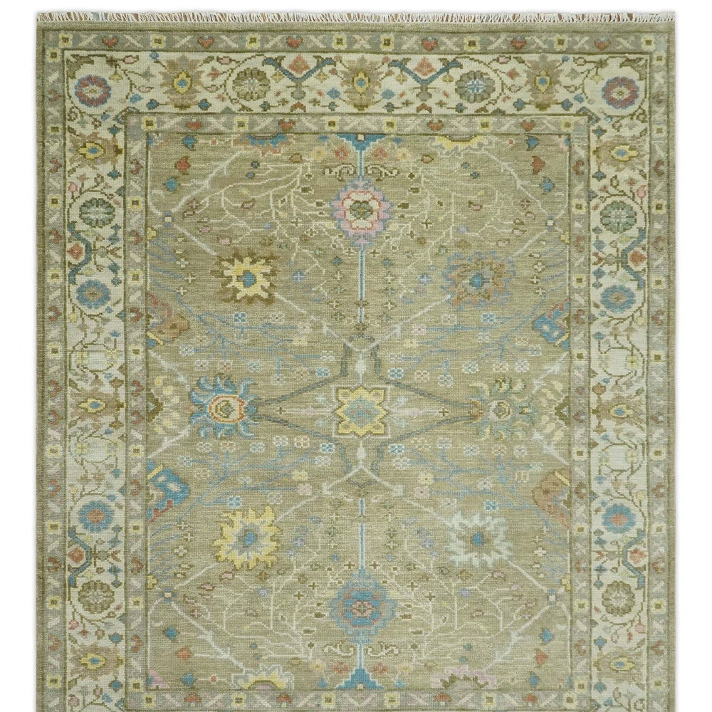 Traditional Floral Olive and Ivory 8x10 Hand Knotted Oriental Oushak wool area rug