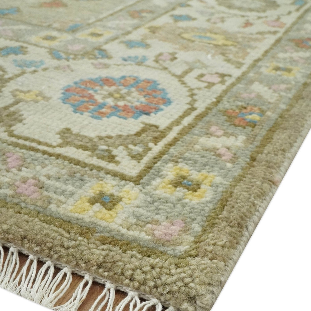 Traditional Floral Olive and Ivory 8x10 Hand Knotted Oriental Oushak wool area rug