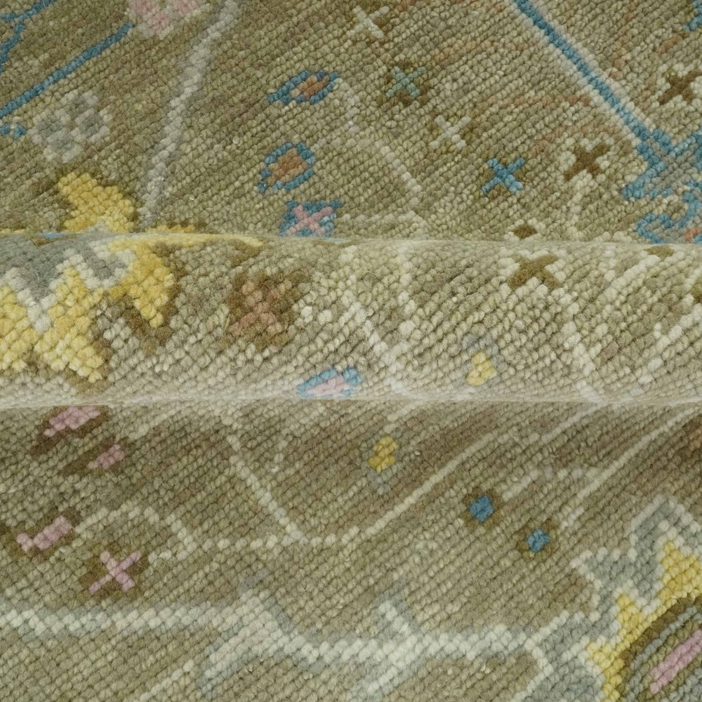 Traditional Floral Olive and Ivory Hand Knotted Oriental Oushak Custom Made wool area rug
