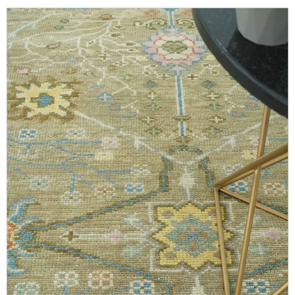 Traditional Floral Olive and Ivory Hand Knotted Oriental Oushak Custom Made wool area rug
