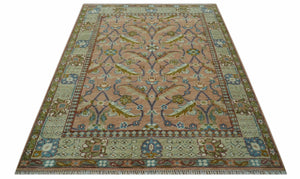 Traditional Floral Peach and Green Hand Knotted Custom Made wool area rug