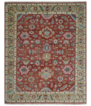 Traditional Floral Rust, Beige and Teal Hand knotted 8x10 Oushak wool Area Rug