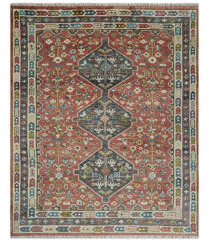 Traditional Floral Rust, Charcoal and Ivory Hand knotted 8x10 wool Area Rug