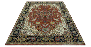 Traditional Floral Rust, Ivory and Blue Fine Hand Knotted 9x12 wool area rug