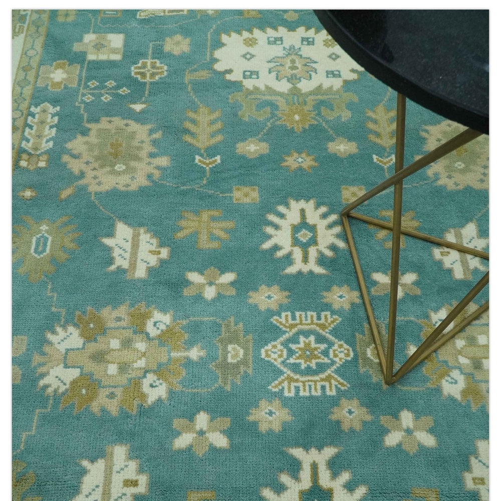 Traditional Floral Teal, Ivory and Beige Oriental Hand Knotted Multi Size wool rug