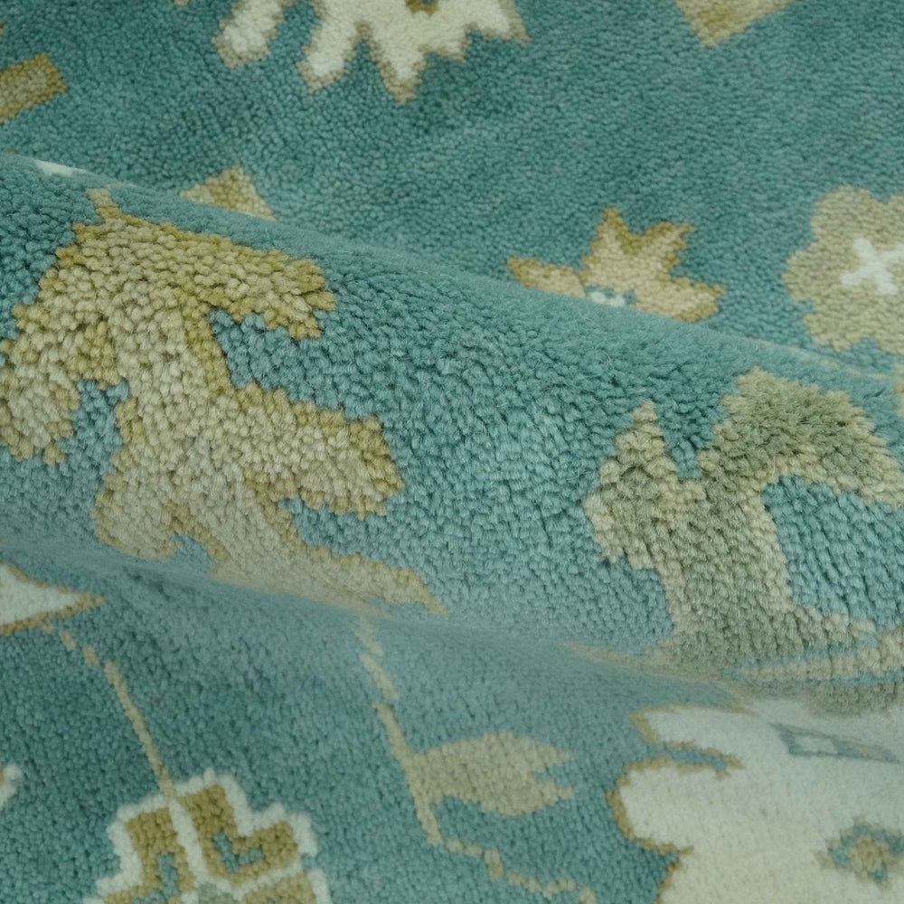 Traditional Floral Teal, Ivory and Beige Oriental Hand Knotted Multi Size wool rug