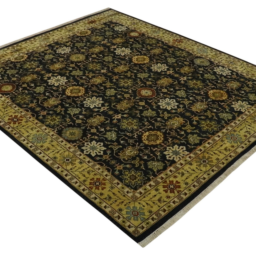 Traditional Floral Vintage Style Black and Olive Hand knotted 8x10 wool area Rug