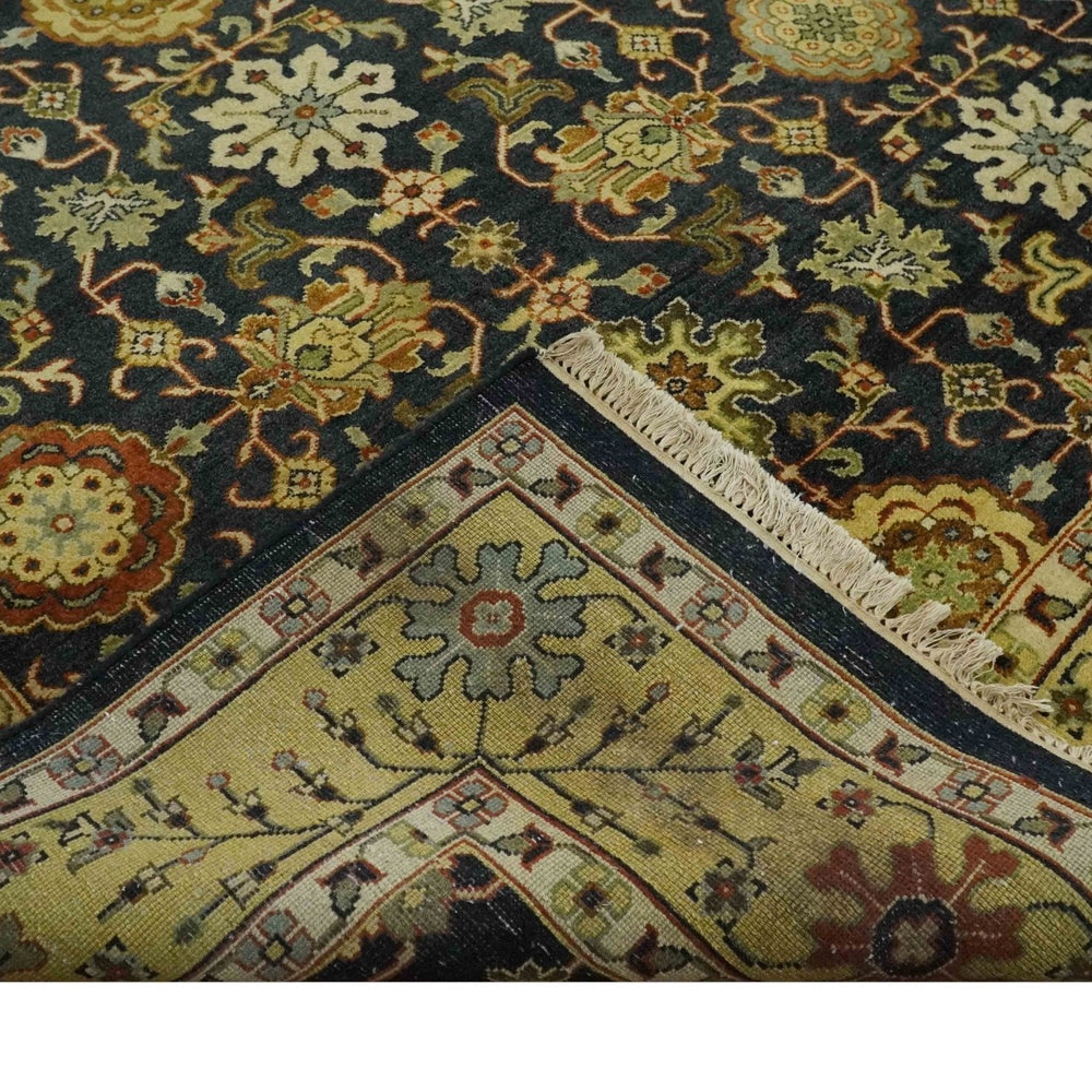 Traditional Floral Vintage Style Black and Olive Hand knotted 8x10 wool area Rug